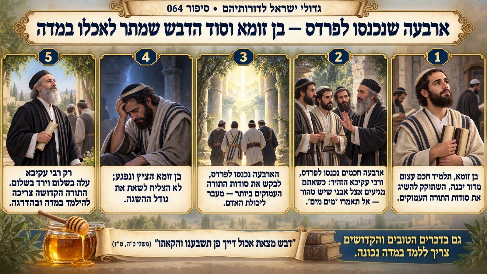 תמונת סיכום — בן זומא: ארבעה שנכנסו לפרדס — בן זומא וסוד הדבש שמתר לאכלו במדה